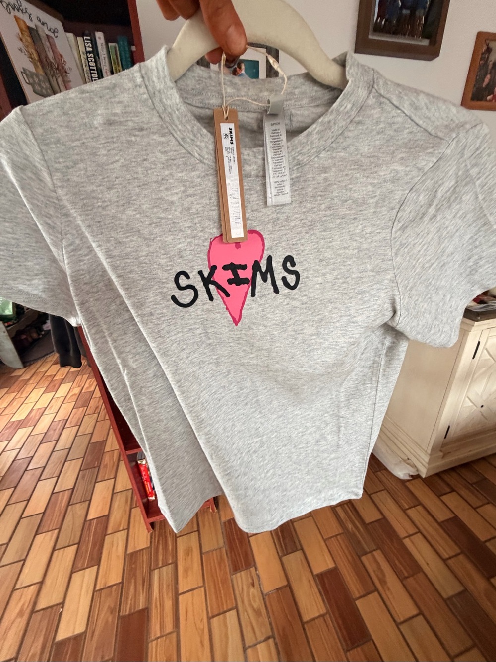 SKIMS Gray Short Sleeve Tee with Pink Heart Logo